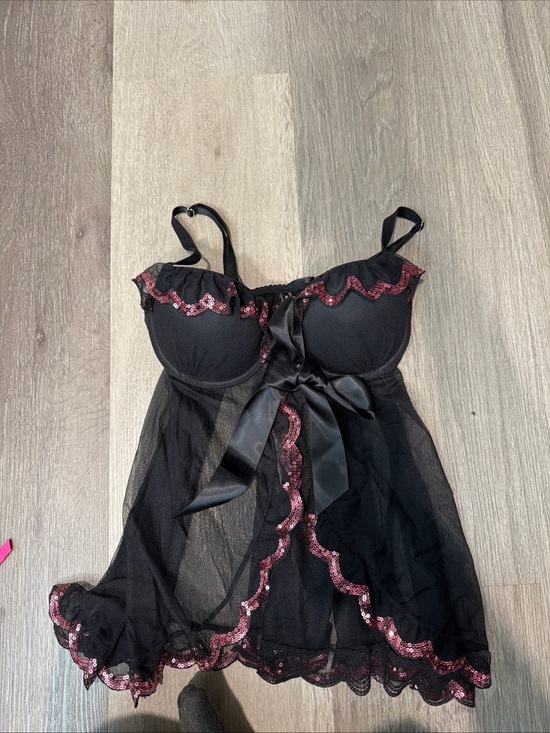 Victoria's Secret Other - Victoria’s Secret Sexy Little Things Black Mesh Babydoll Pink Sequin Trim 34D